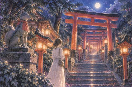 朱色の鳥居が続く夜の稲荷神社