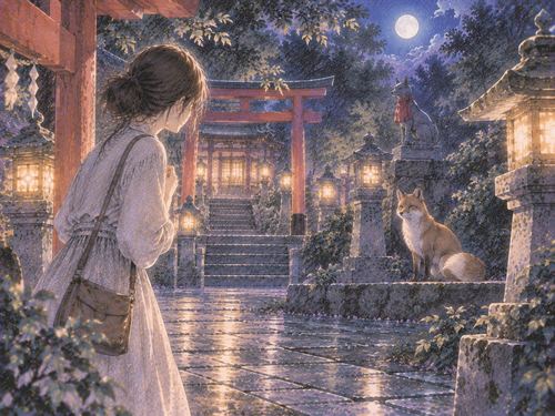 神社の境内で女性を見つめる狐