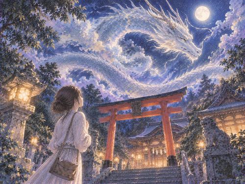 神社の上空に幻想的な龍を見上げる女性