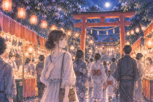 提灯が灯る夜の神社のお祭りを歩く女性