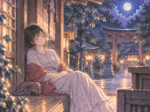 神社の縁側で静かに眠る女性