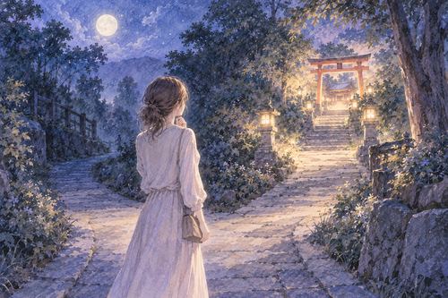 神社へ続く道の前で立ち止まる女性