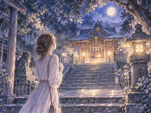 長い石段の先の神社へたどり着いた女性