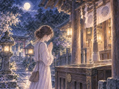 夜の神社で静かに手を合わせる女性
