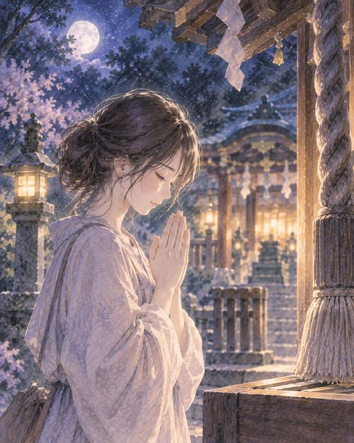 神社で目を閉じて祈る女性