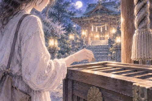 神社の賽銭箱へ硬貨を入れる手元