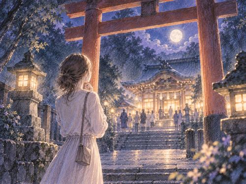 鳥居の前で立ち止まり参拝できずにいる女性