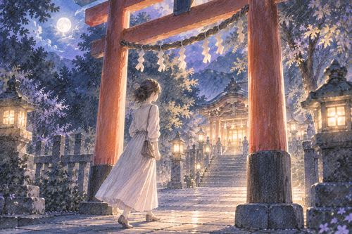 月明かりの中で神社の鳥居をくぐる女性