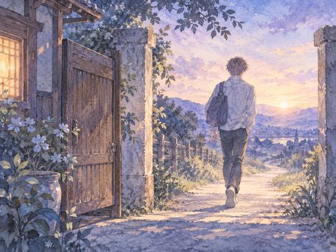 夜明けへ続く道を一人で歩き出す兄弟の後ろ姿