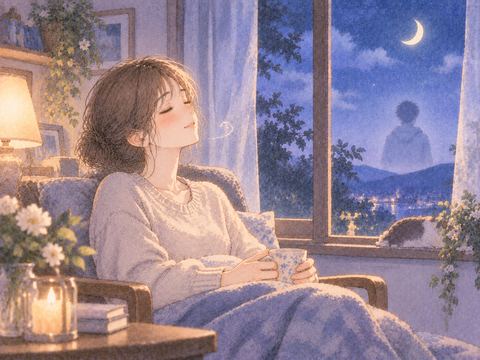 夜の部屋で肩の力を抜いて息をつく女性