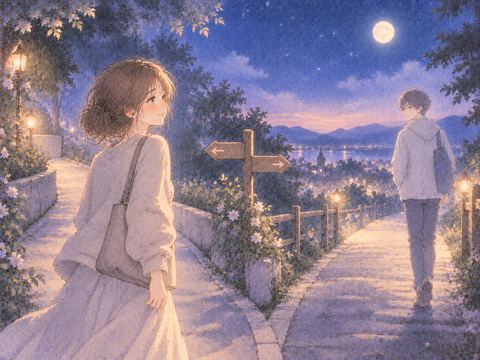 夜道の分かれ道で互いを振り返る女性と兄弟