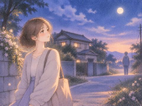 古い家を背に遠く離れて立つ女性と兄弟の影