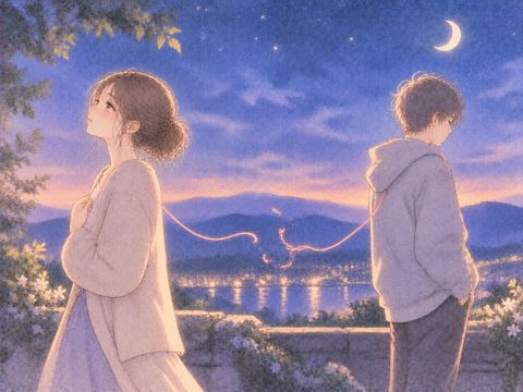 距離を置いて立つ女性と兄弟の間にほどける糸