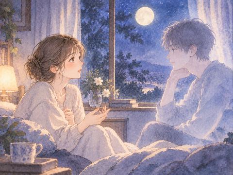 月明かりの窓辺で兄弟と向き合って話す女性
