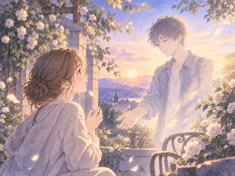 淡い光の中で再び姿を現す兄弟を見つめる女性