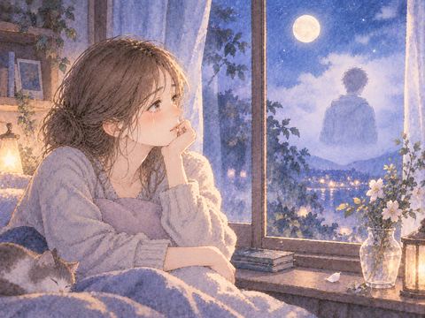 夜の窓辺で静かに涙を流す女性と兄弟の淡い影