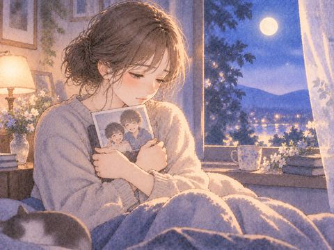 兄弟との思い出の写真を胸元で持つ悲しげな女性