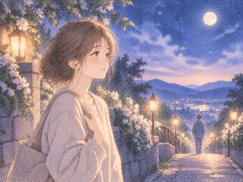 静かな夜道で落ち着いて前を向く女性と遠い兄弟の影