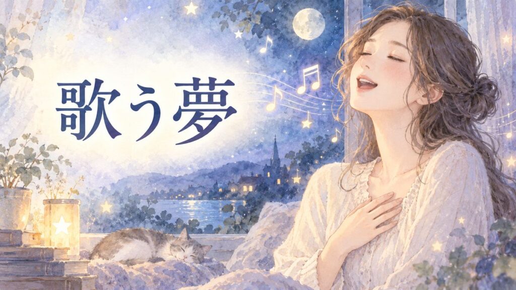 夜の窓辺で穏やかに歌う大人の女性と音符