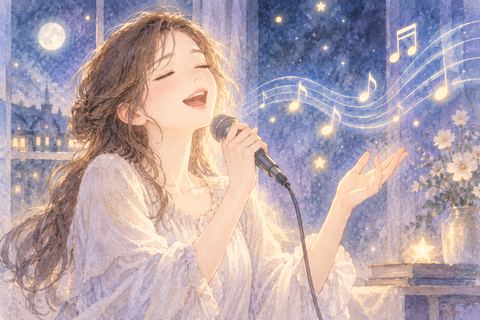気持ちよさそうに歌う笑顔の女性
