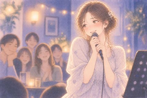 人前で照れながら歌う女性