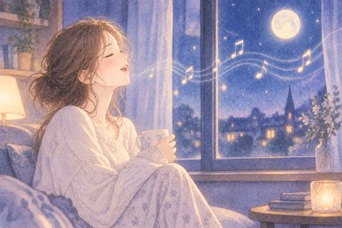 静かな部屋で一人穏やかに歌う女性