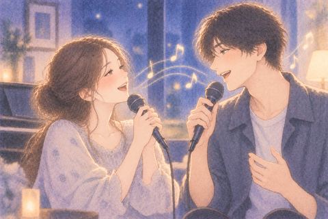二人で顔を見合わせながら歌う男女