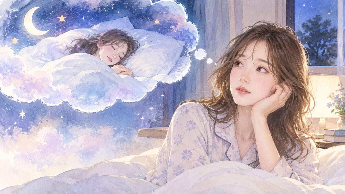夜の寝室で夢の中の眠る自分を思い浮かべる女性