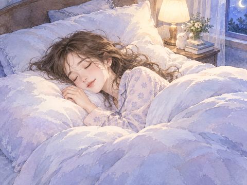 柔らかな布団で気持ちよさそうに熟睡する女性