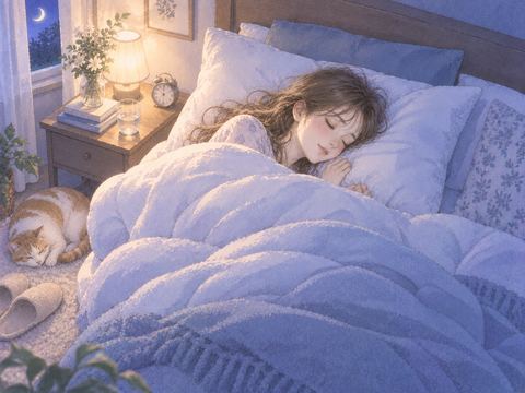 整った布団に包まれて安心して眠る女性
