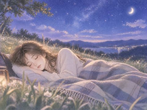 静かな草地で空を感じながら眠る女性