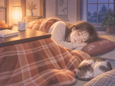 こたつに入りそのまま眠ってしまった女性