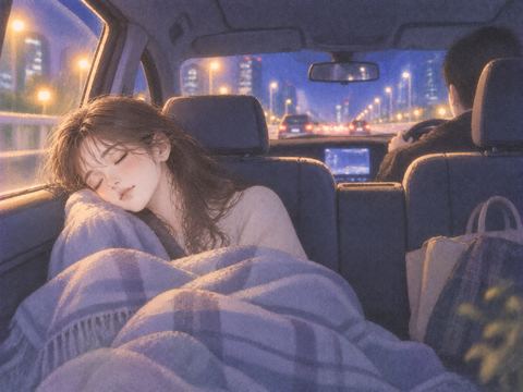 夜の車の後部座席で眠る女性