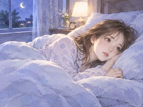 夜の布団で目を開けたまま眠れずにいる女性