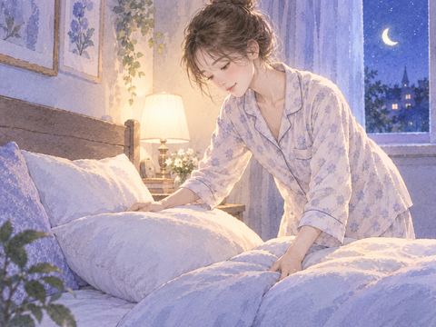 夜の寝室で枕と布団を整える女性