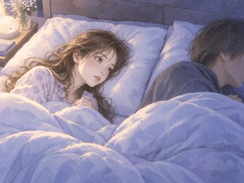 見知らぬ人の隣で眠りながら少し気にする女性