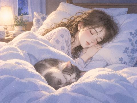 布団の上で猫と寄り添って眠る女性
