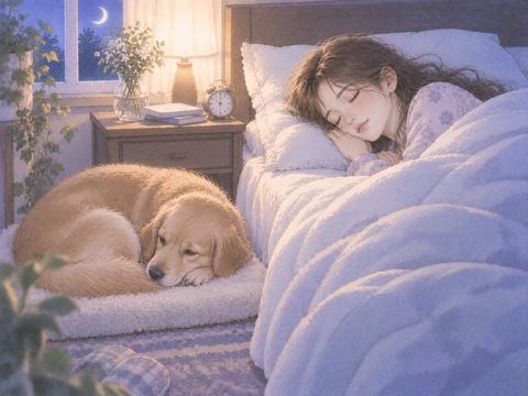 ベッド脇の犬と安心して眠る女性