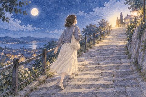 夜の坂道を一歩ずつ登る女性