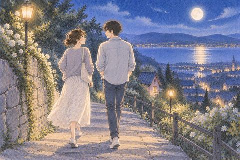 坂道を並んで歩く女性と異性
