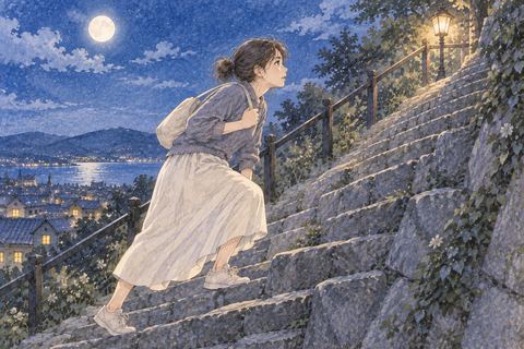 急な坂道を踏ん張って登る女性