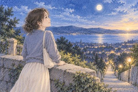坂の頂上で景色を見渡す女性