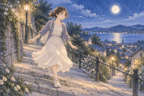 夜の坂道を軽やかに下る女性