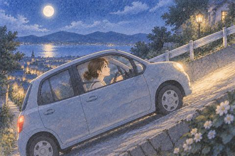 急な坂道を登っていく車と運転する女性
