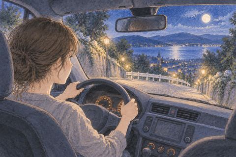 急な下り坂を慎重に運転する女性