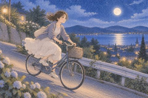 坂道を自転車で軽やかに下る女性