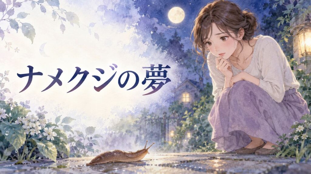 夜の庭でナメクジを見つめる大人の女性