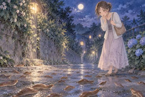 夜道にたくさんのナメクジを見つける女性