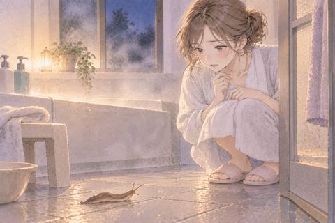 浴室のナメクジに気づく女性