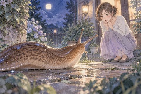 大きなナメクジを驚いて見つめる女性
